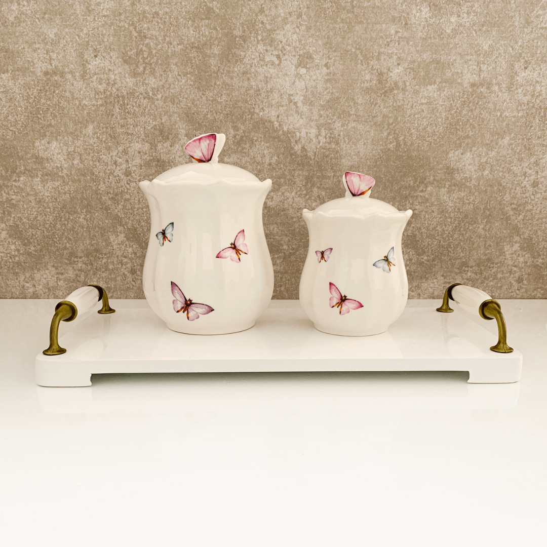Pote Borboletas em Porcelana com Tampa Branco 350ml - Ela Decora