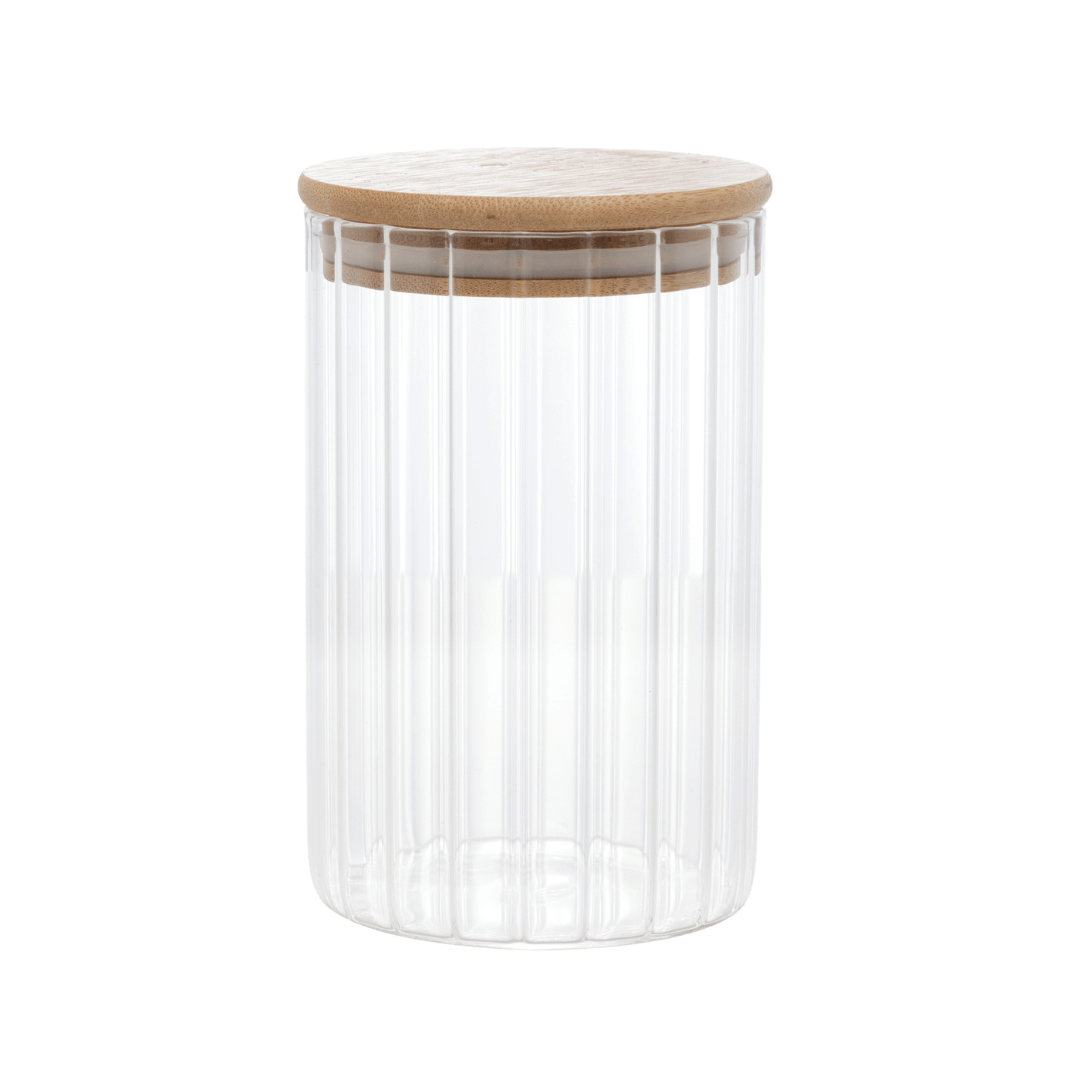 Pote de Vidro Canelado com Tampa de Bambu 510ml - Ela Decora