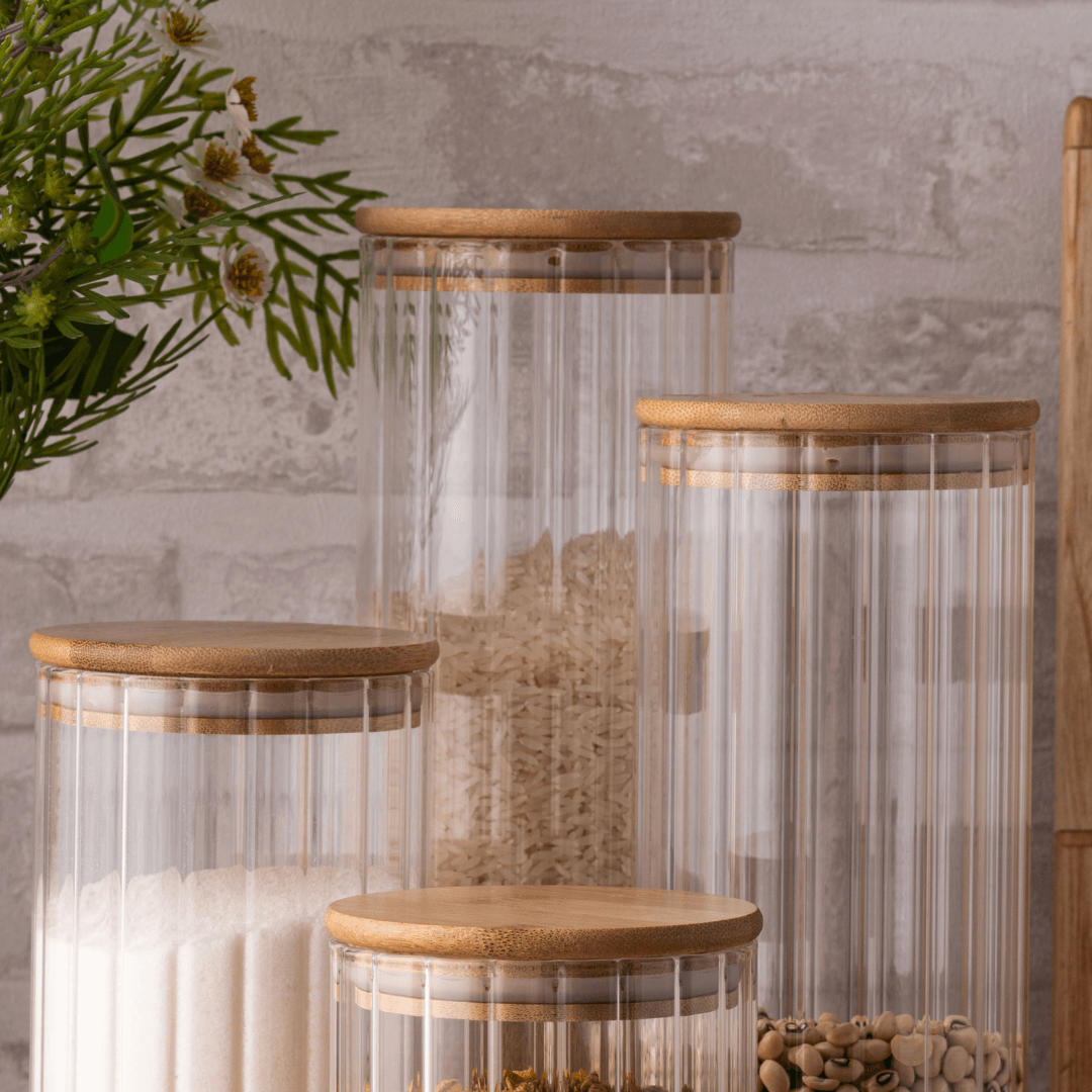 Pote de Vidro Canelado com Tampa de Bambu 800ml - Ela Decora