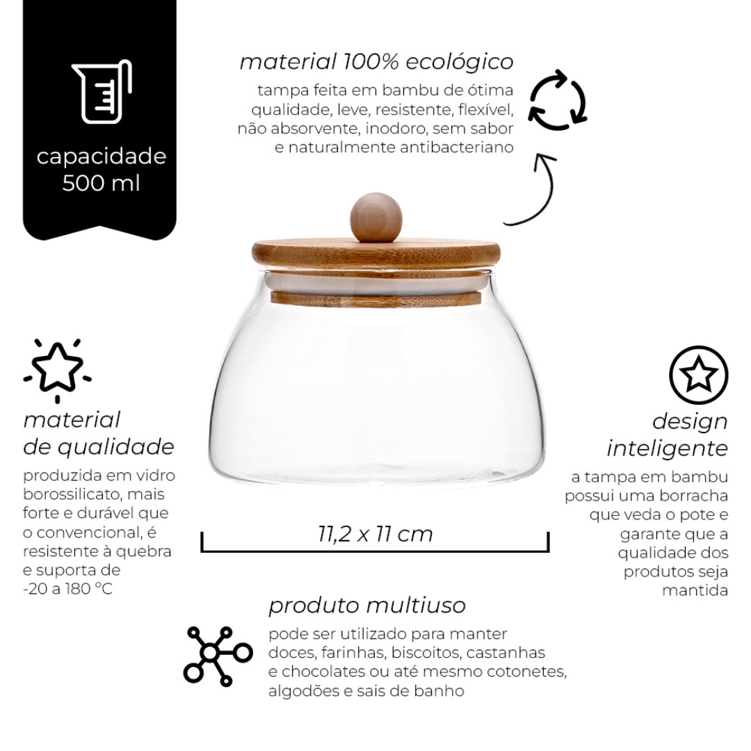 Pote de Vidro com Tampa de Bambu Ecokitchen 11,2cm - Ela Decora