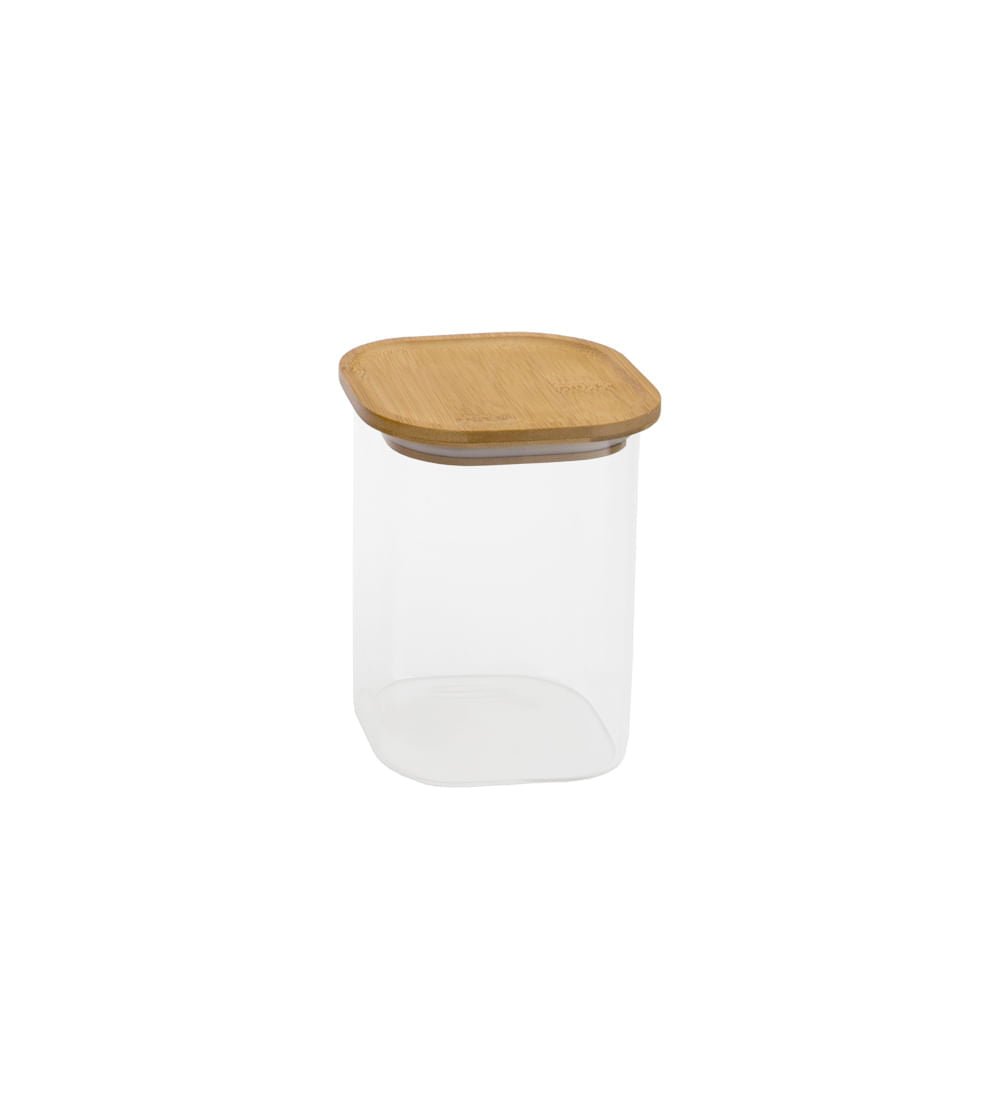 Pote de Vidro Empilhável com Tampa de Bambu Quadrado Mantimento 1,1 Litros - Ela Decora