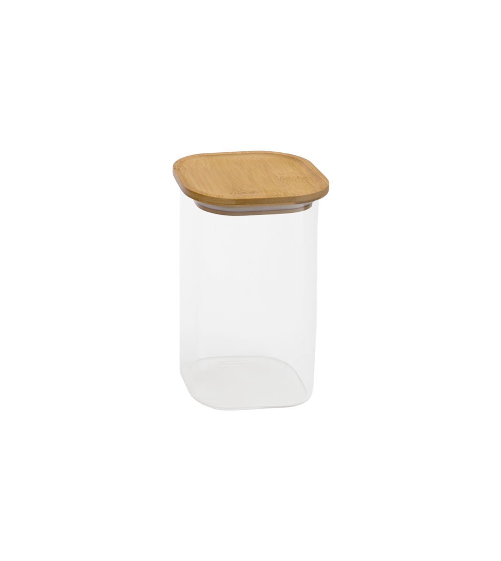 Pote de Vidro Empilhável com Tampa de Bambu Quadrado Mantimento 1,4 Litros - Ela Decora