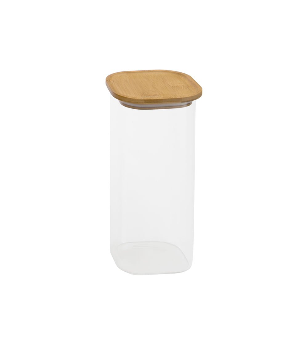 Pote de Vidro Empilhável com Tampa de Bambu Quadrado Mantimento 1,9 Litros - Ela Decora