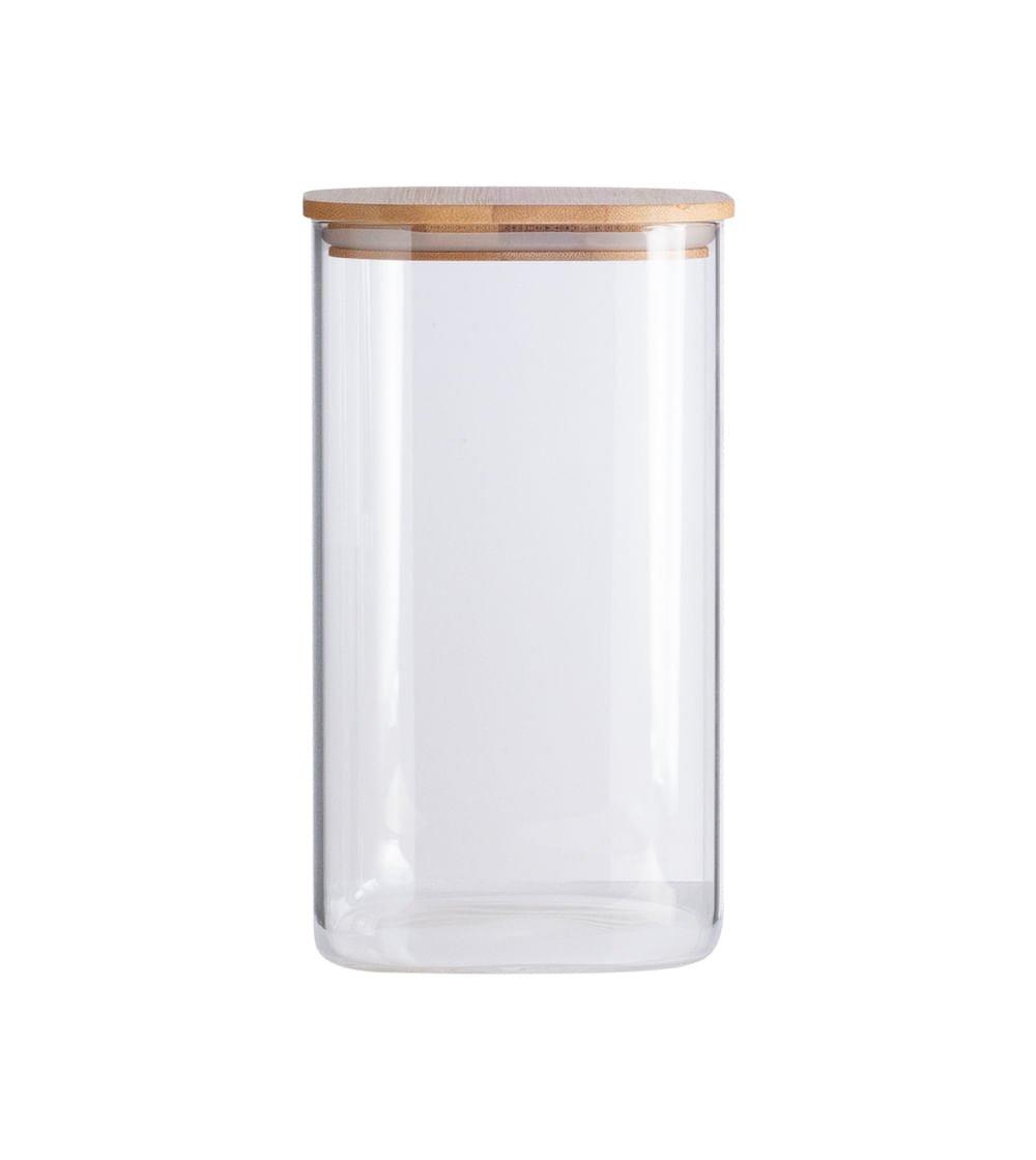 Pote de Vidro Flat com Tampa de Bambu Quadrado Mantimento 1,4 Litros - Ela Decora