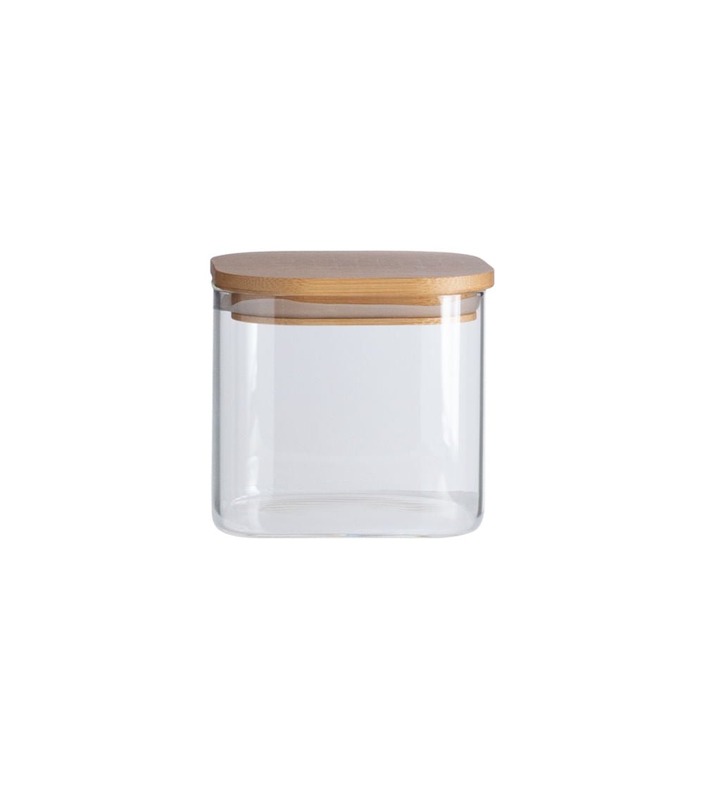 Pote de Vidro Flat com Tampa de Bambu Quadrado Mantimento 600ml - Ela Decora