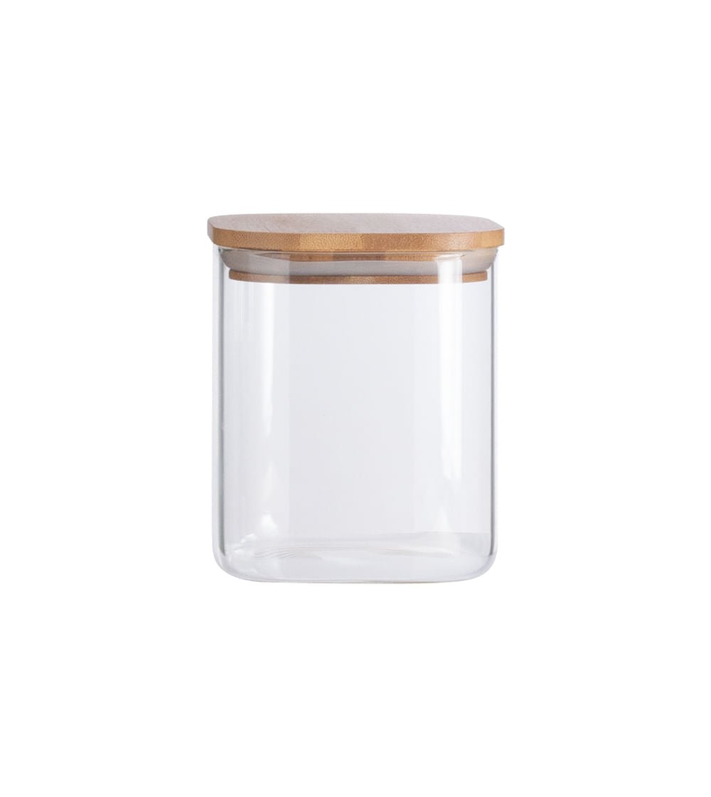 Pote de Vidro Flat com Tampa de Bambu Quadrado Mantimento 800ml - Ela Decora