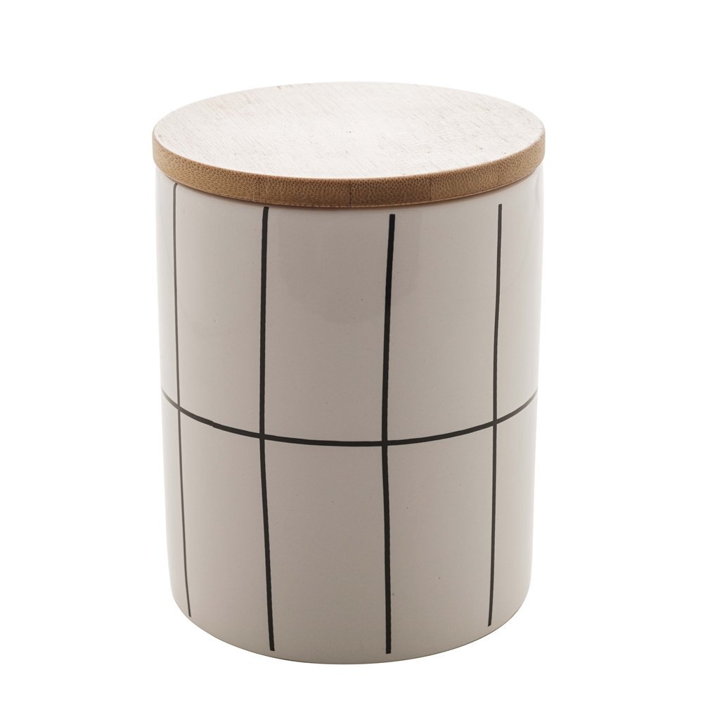 Pote Decorativo de Cêramica com Tampa De Bambu Grid Turim Branco 12,5cm - Ela Decora