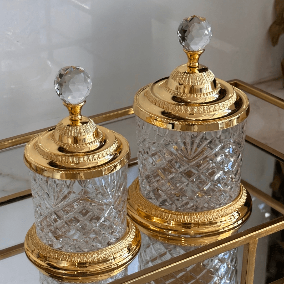 Pote Decorativo Multiuso de Vidro e Zamac Crystal Dourado 18,5cm - Ela Decora