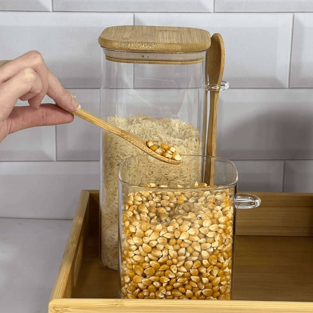 Pote Hermético de Vidro e Bambu Liege com Colher 950ml - Ela Decora