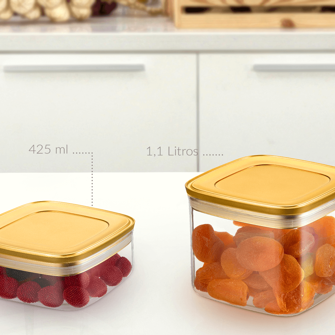 Pote Hermético Quadrado Vedação Tripla Tampa Metalizada Dourada Fosco 425ml - Ela Decora