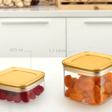 Pote Hermético Quadrado Vedação Tripla Tampa Metalizada Dourada Fosco 425ml - Ela Decora