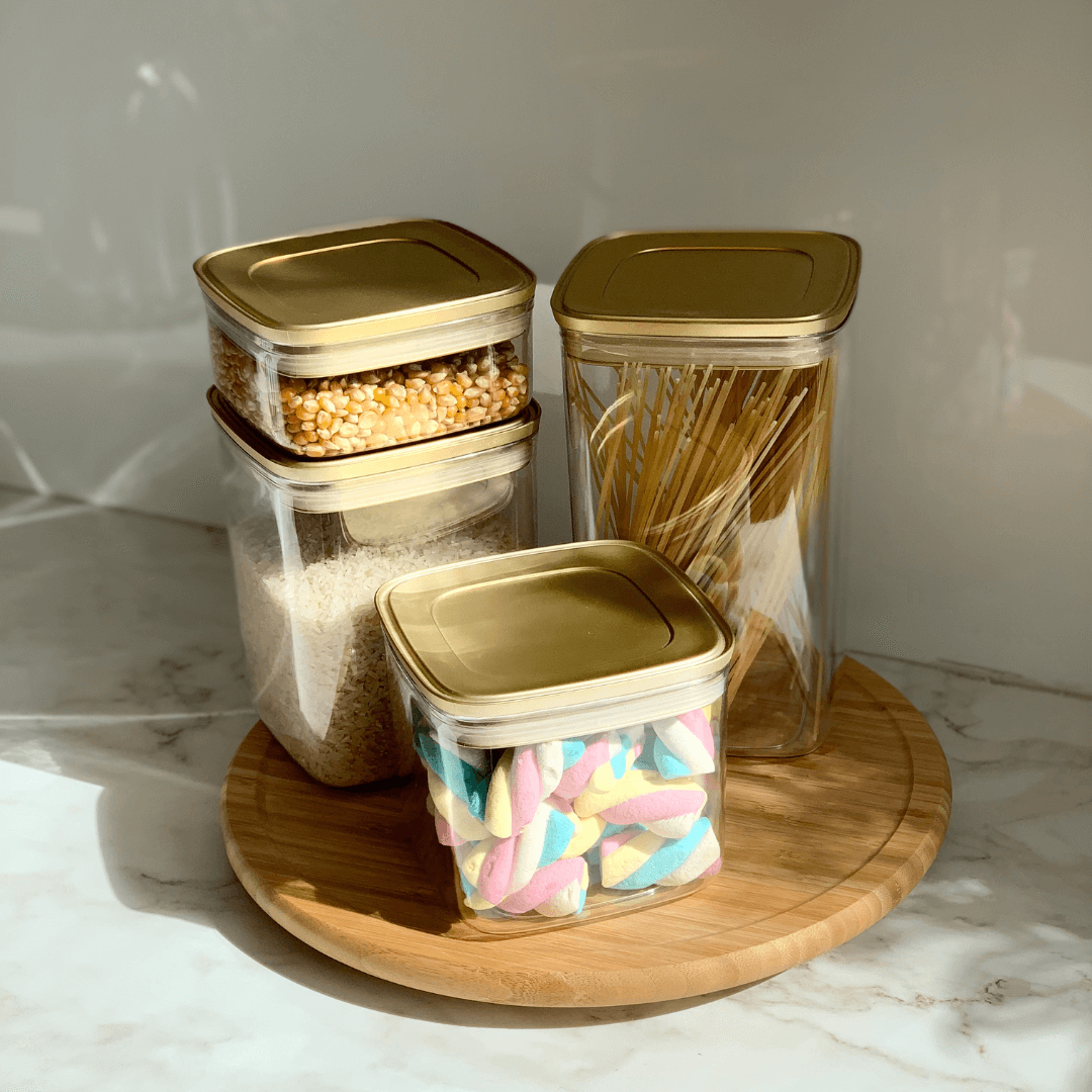 Pote Hermético Quadrado Vedação Tripla Tampa Metalizada Dourada Fosco 425ml - Ela Decora