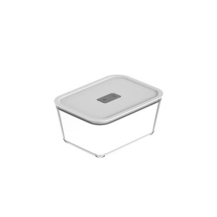 Pote de vidro hermetico retangular com tampa branca fundo branco vista frontal