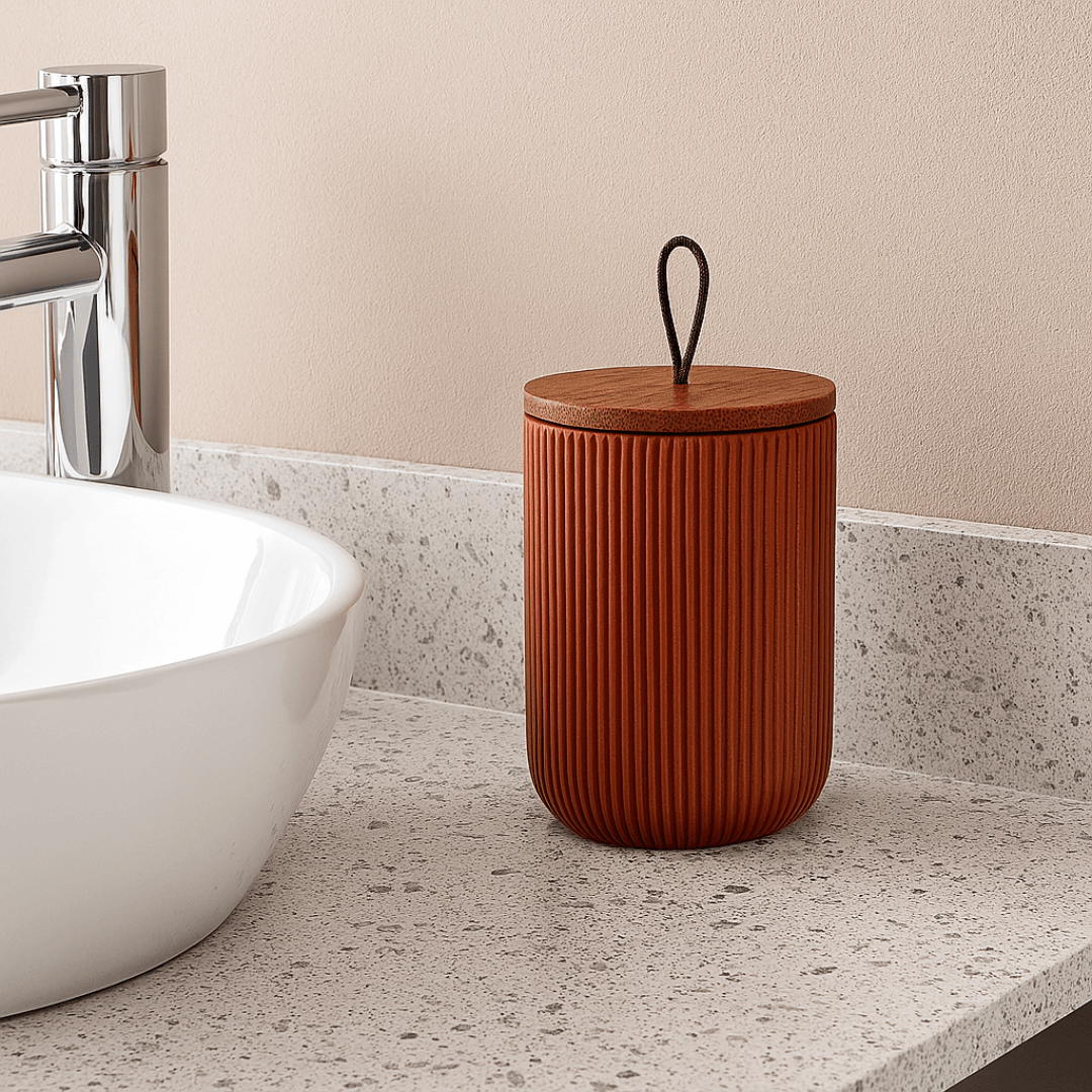 Pote Decorativo em Cerâmica Line Terracota com Tampa em Bambu 12,5cm