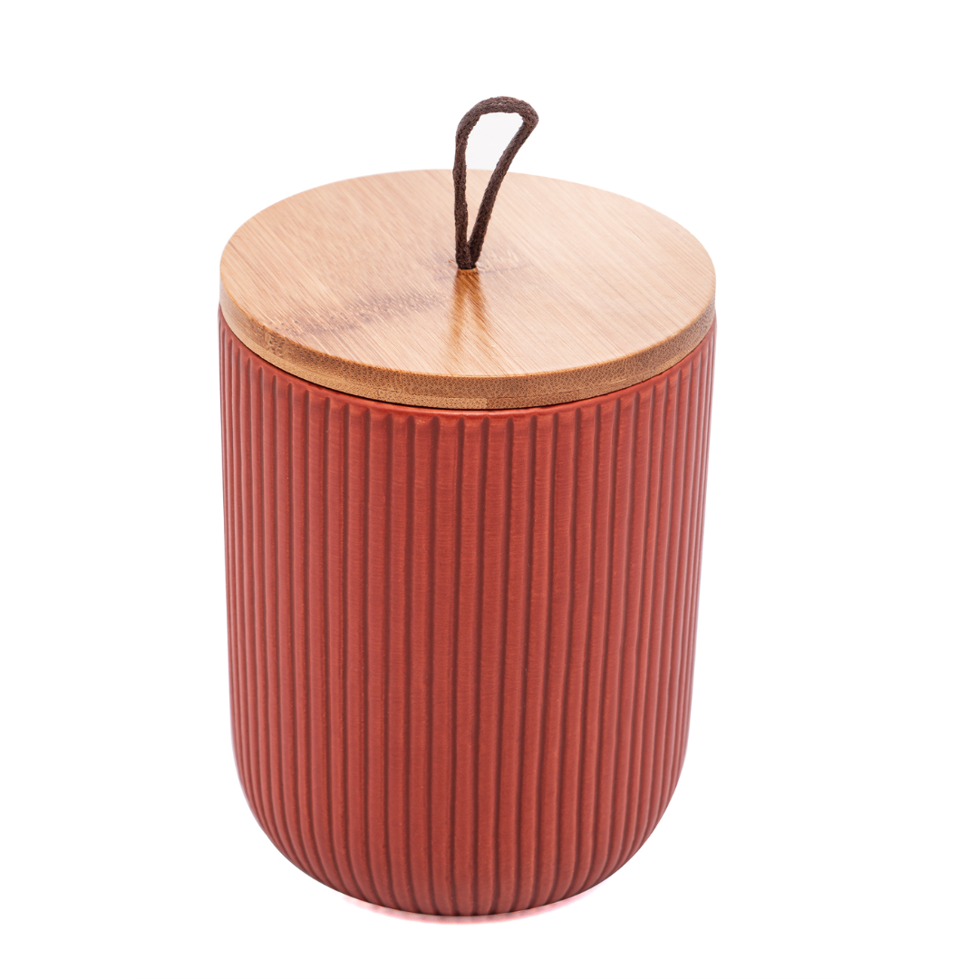 Pote Decorativo em Cerâmica Line Terracota com Tampa em Bambu 12,5cm