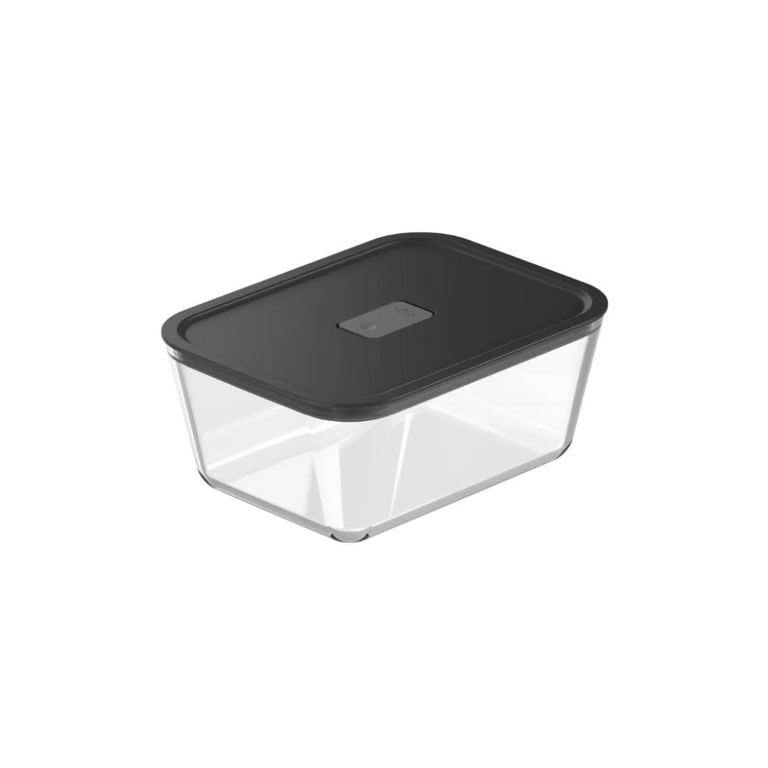 Pote hermético retangular de vidro com tampa preta fundo branco