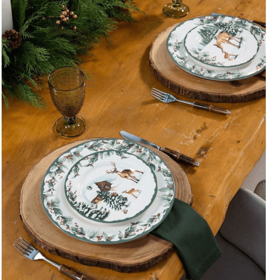 Prato de Sobremesa Aquarelle Bosque Casinha 20,5cm Natal - Ela Decora