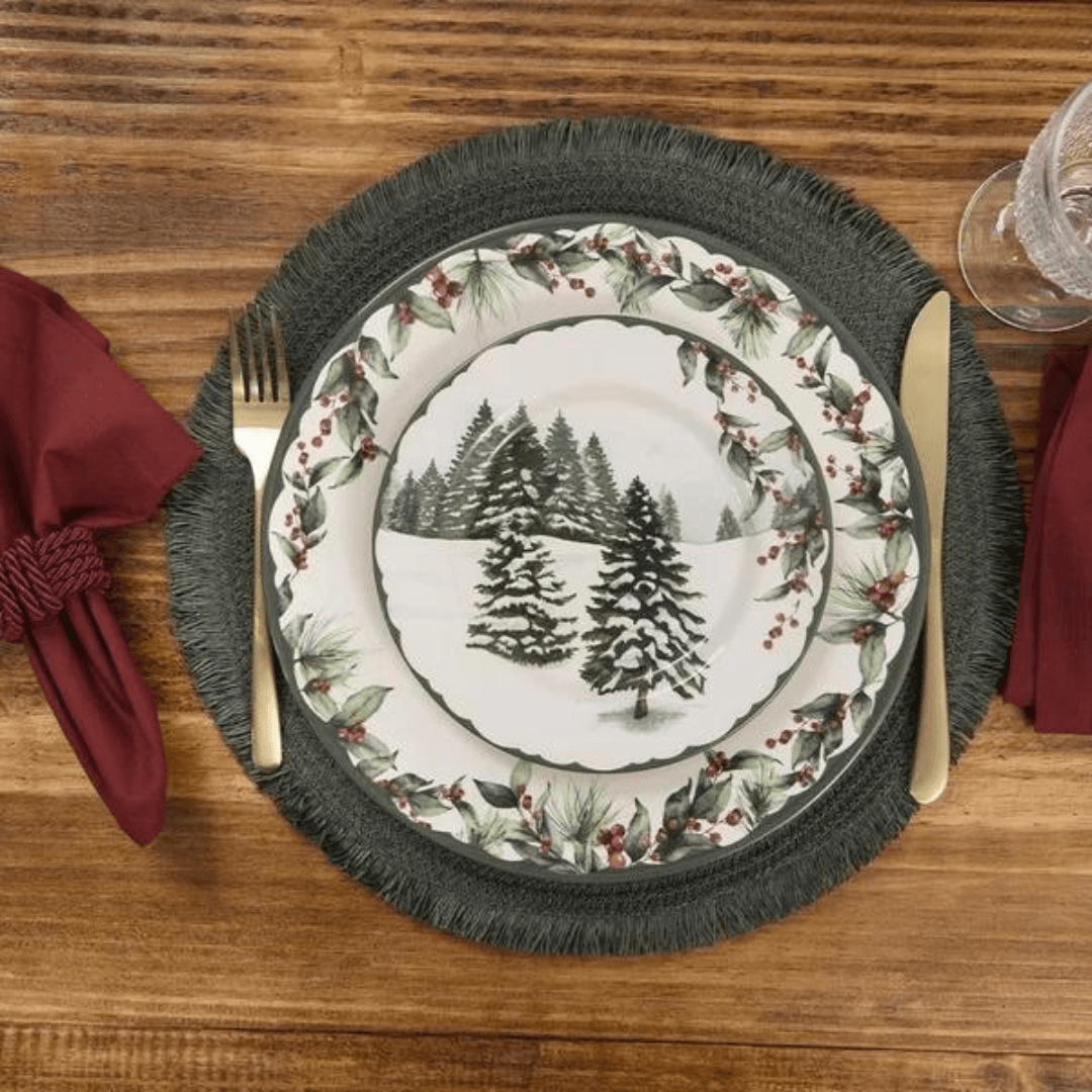 Prato de Sobremesa Aquarelle Bosque Pinheiro Natal 20,5cm - Ela Decora