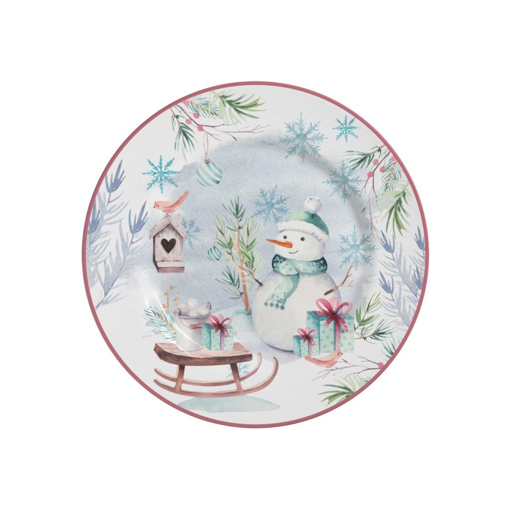 Prato de Sobremesa Boneco de Neve Natal Snowman Ceramica - 19,5cm - Ela Decora