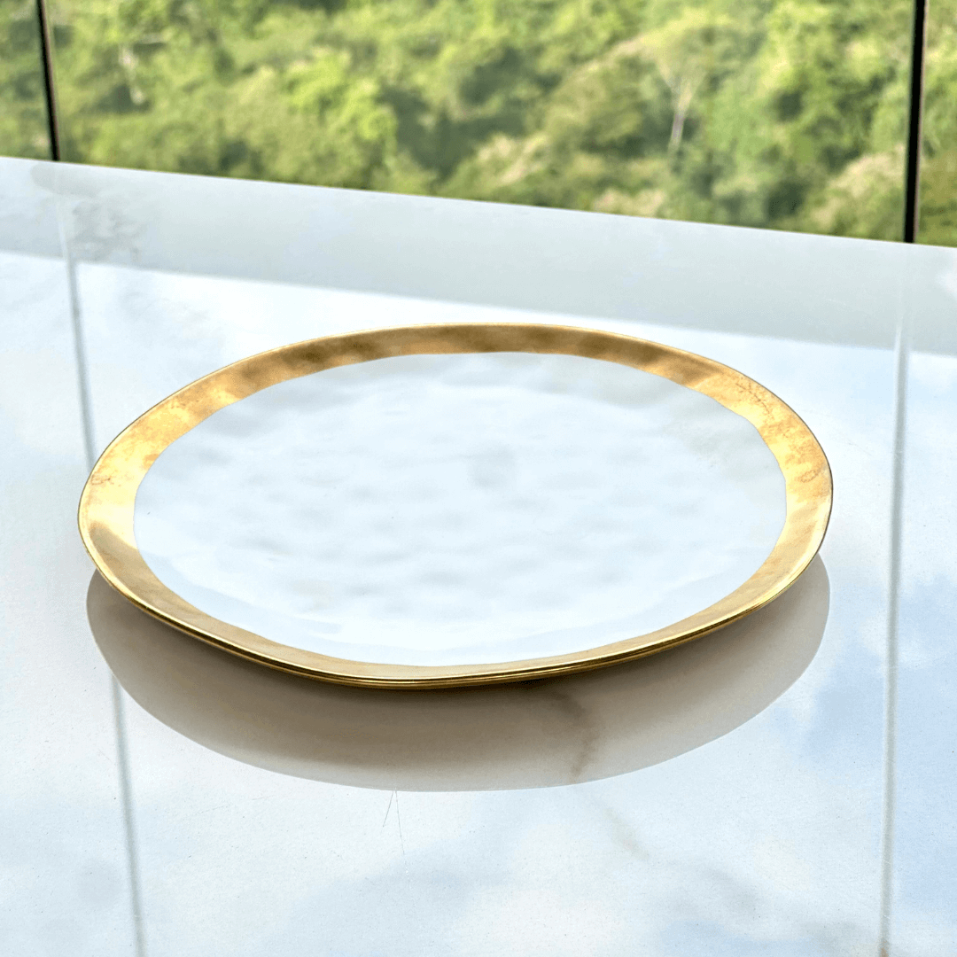 Prato de Sobremesa Dubai Branco e Dourado 21cm - Ela Decora