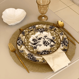 Prato de Sobremesa Flora Flores e Pássaros Dourado e Marinho Cerâmica Acetinado - 19,5 cm - Ela Decora