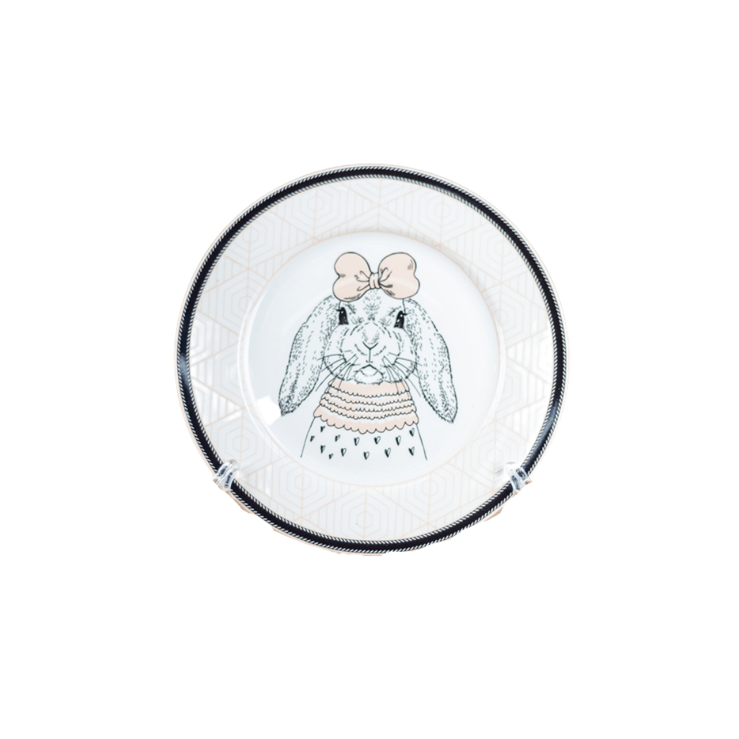 Prato de Sobremesa Pascoa com Coelho Branco e Rosa 19cm - Ela Decora