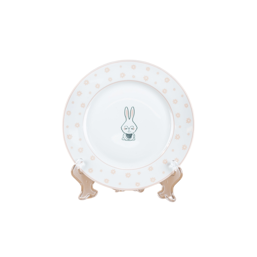 Prato de Sobremesa Pascoa com Coelho Branco e Rosa 19cm - Ela Decora