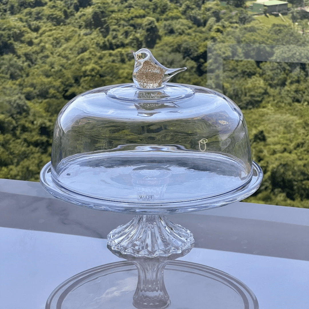 Prato para Bolo Boleira com Pé e Tampa de Vidro Bird - Ela Decora