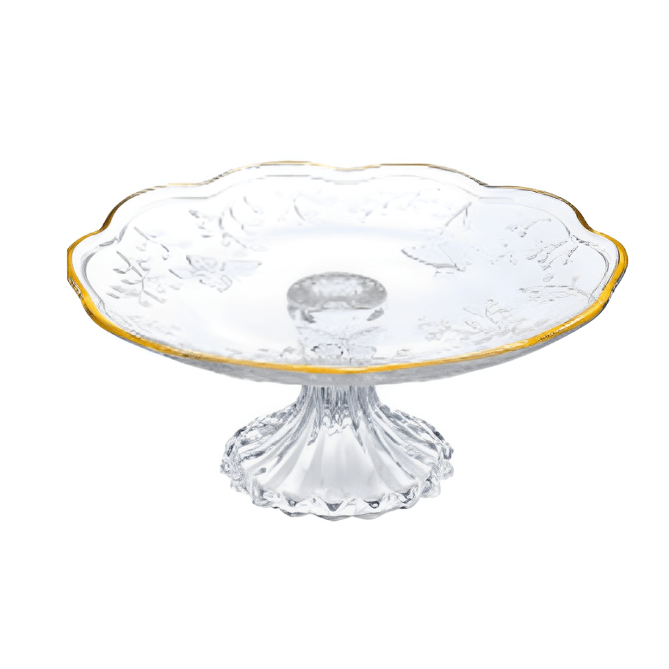 Prato para Bolo com Pé em Cristal Fio de Ouro New Butterfly 27cm - Ela Decora