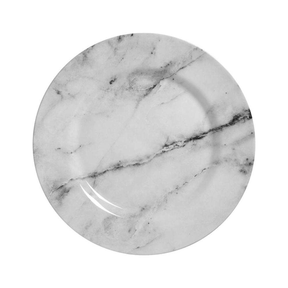 Prato Raso Branco Mármore Cerâmica Marmorizado - 28,5cm - Ela Decora
