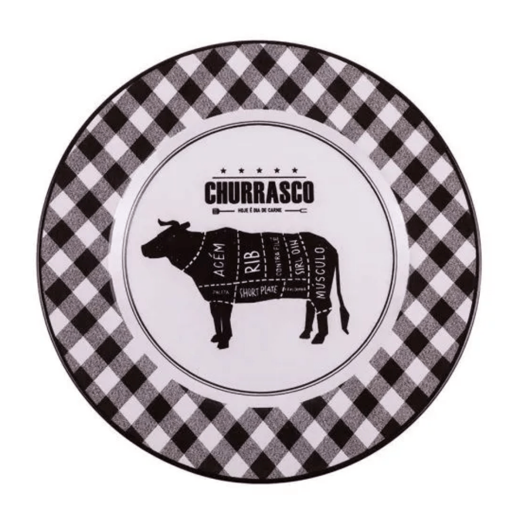 Prato Raso Cerâmica Churrasco Barbecue Preto e Branco - 28,5 cm - Ela Decora