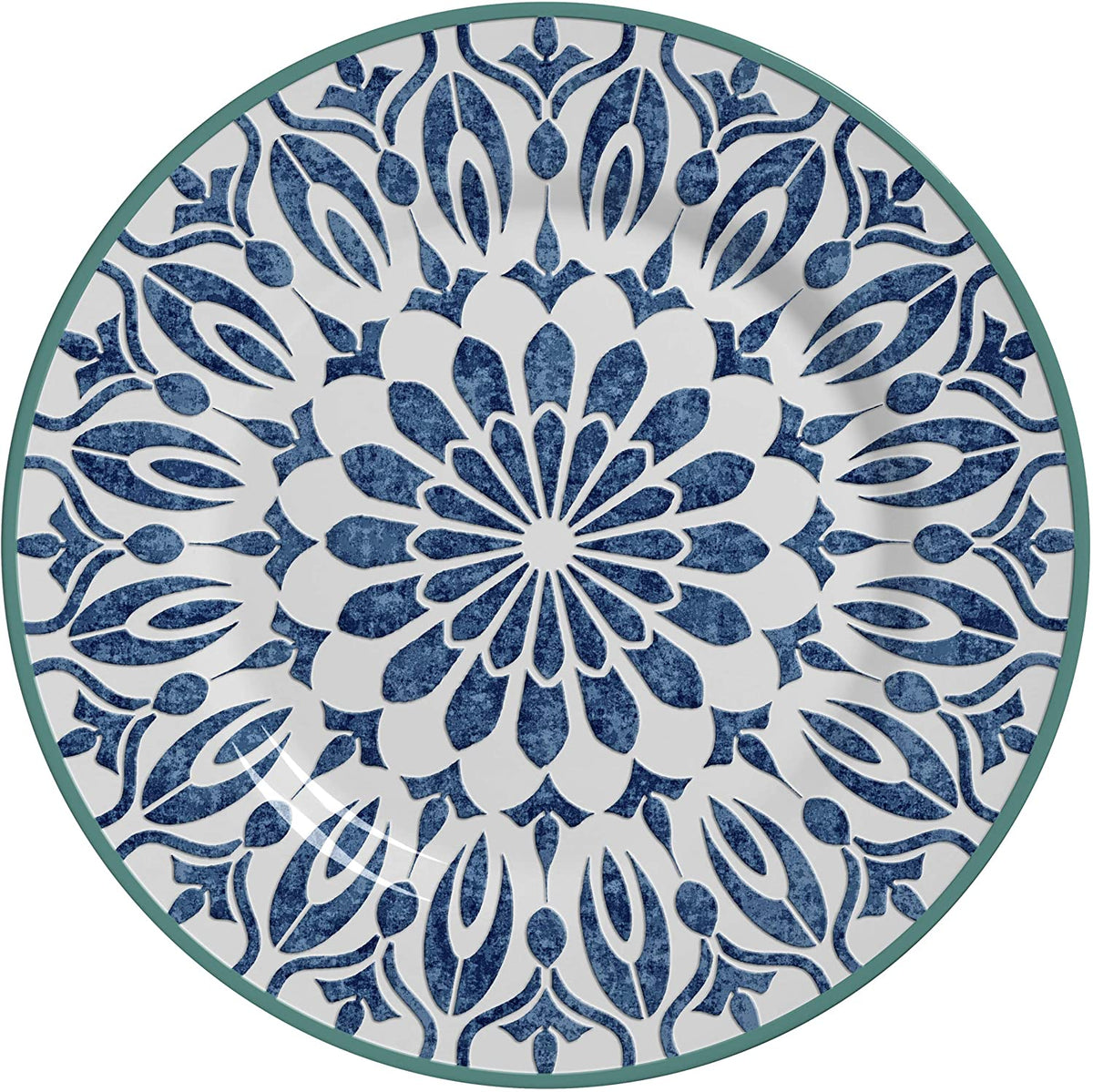 Prato Raso Mandala Azul Borda Verde Ikat Cerâmica - 28,5cm - Ela Decora