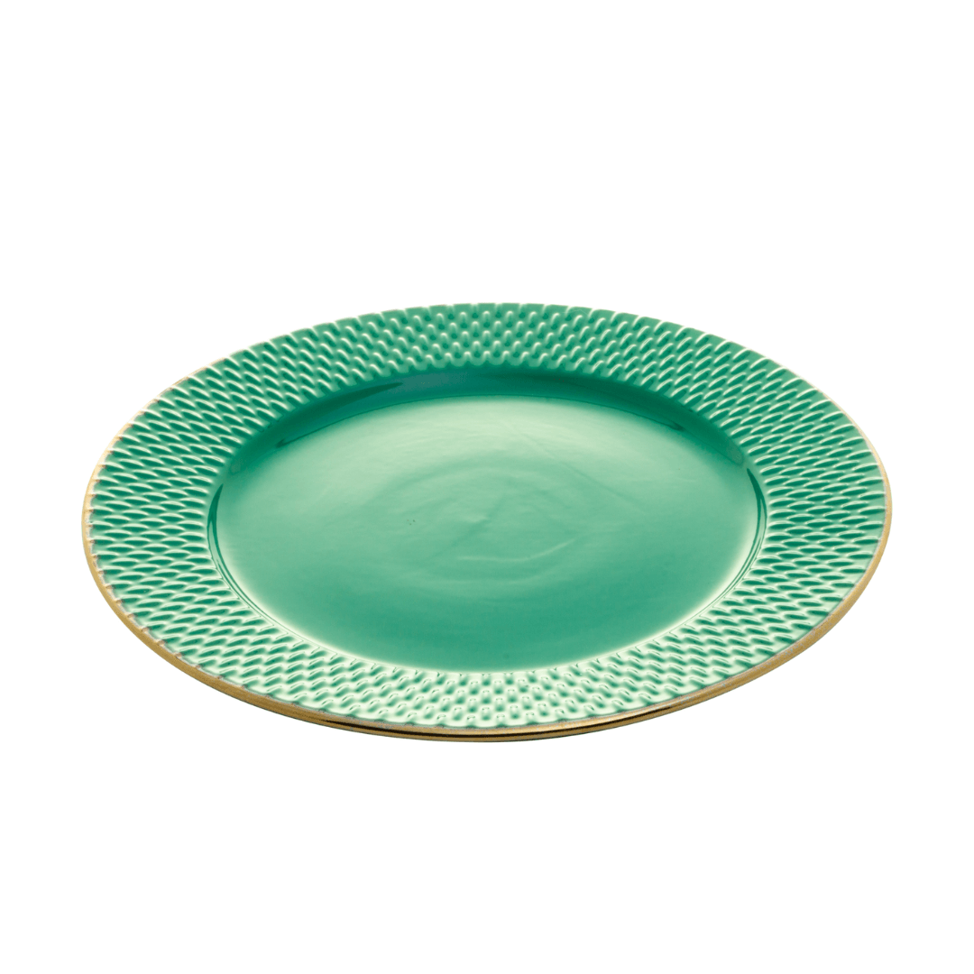 Prato Raso Porcelana Drops Verde com Detalhe Metalizado - 27 cm - Ela Decora