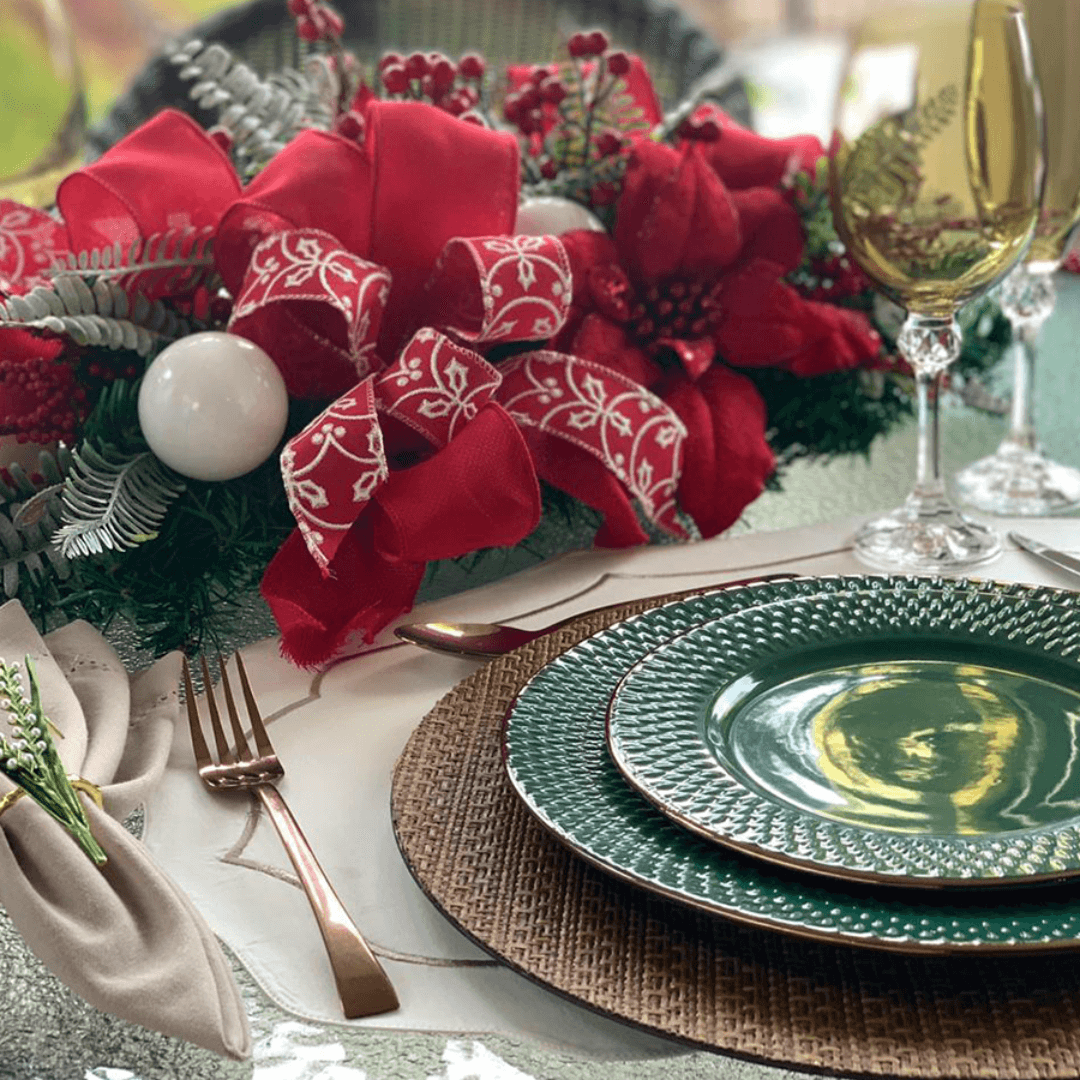 Prato Raso Porcelana Drops Verde com Detalhe Metalizado - 27 cm - Ela Decora