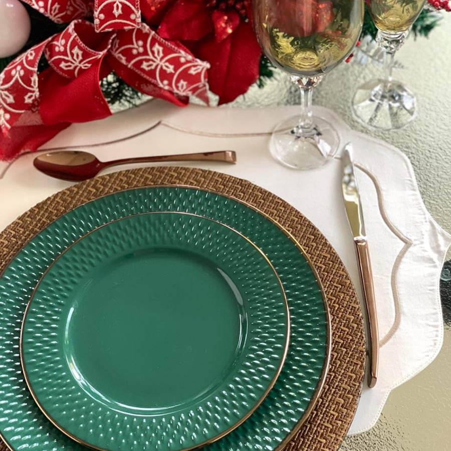 Prato Raso Porcelana Drops Verde com Detalhe Metalizado - 27 cm - Ela Decora