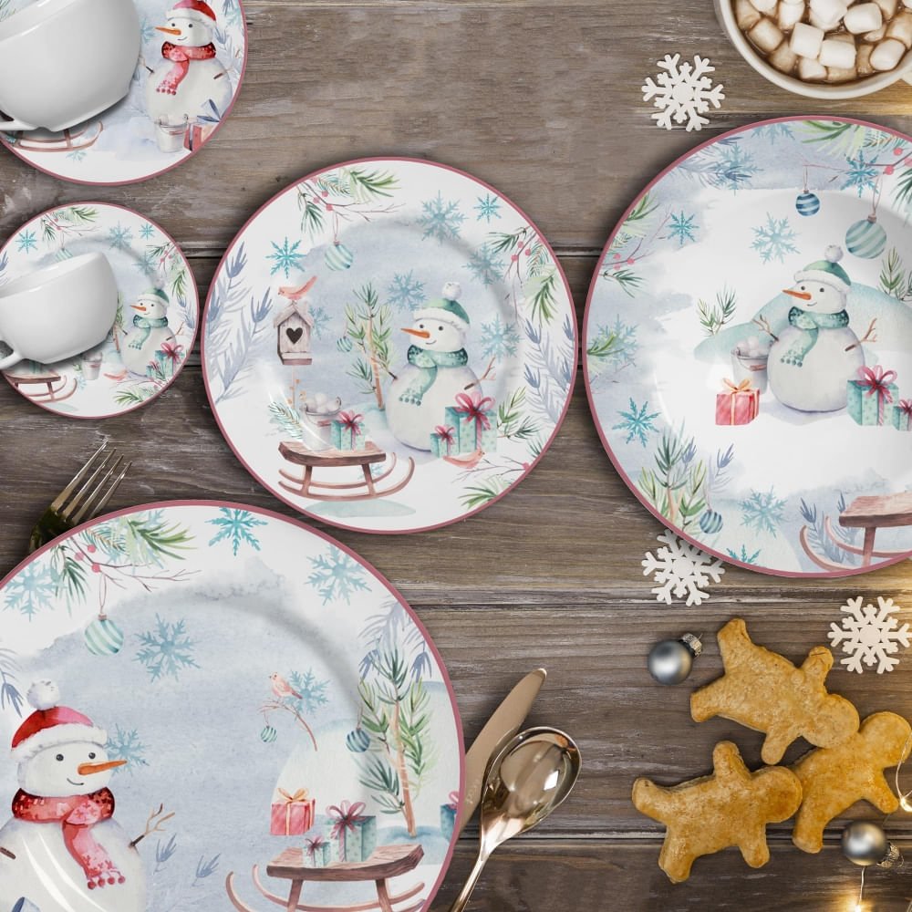 Prato Raso Snowman Boneco de Neve Natal Ceramica Borda Rosa - 28,5cm - Ela Decora