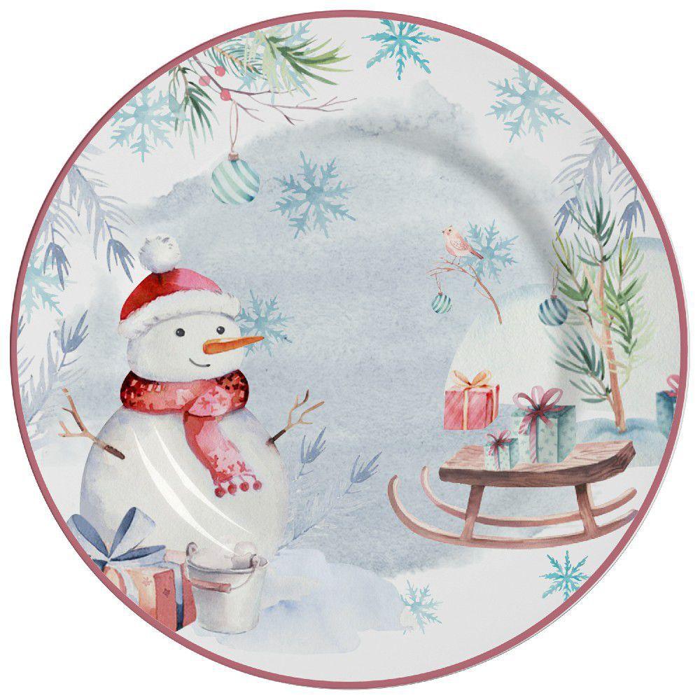 Prato Raso Snowman Boneco de Neve Natal Ceramica Borda Rosa - 28,5cm - Ela Decora