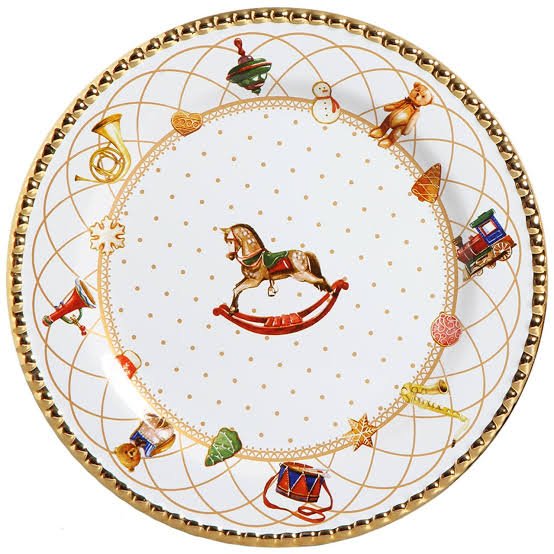 Prato Raso Toys Christmas Natal Branco e Dourado 28cm - Ela Decora