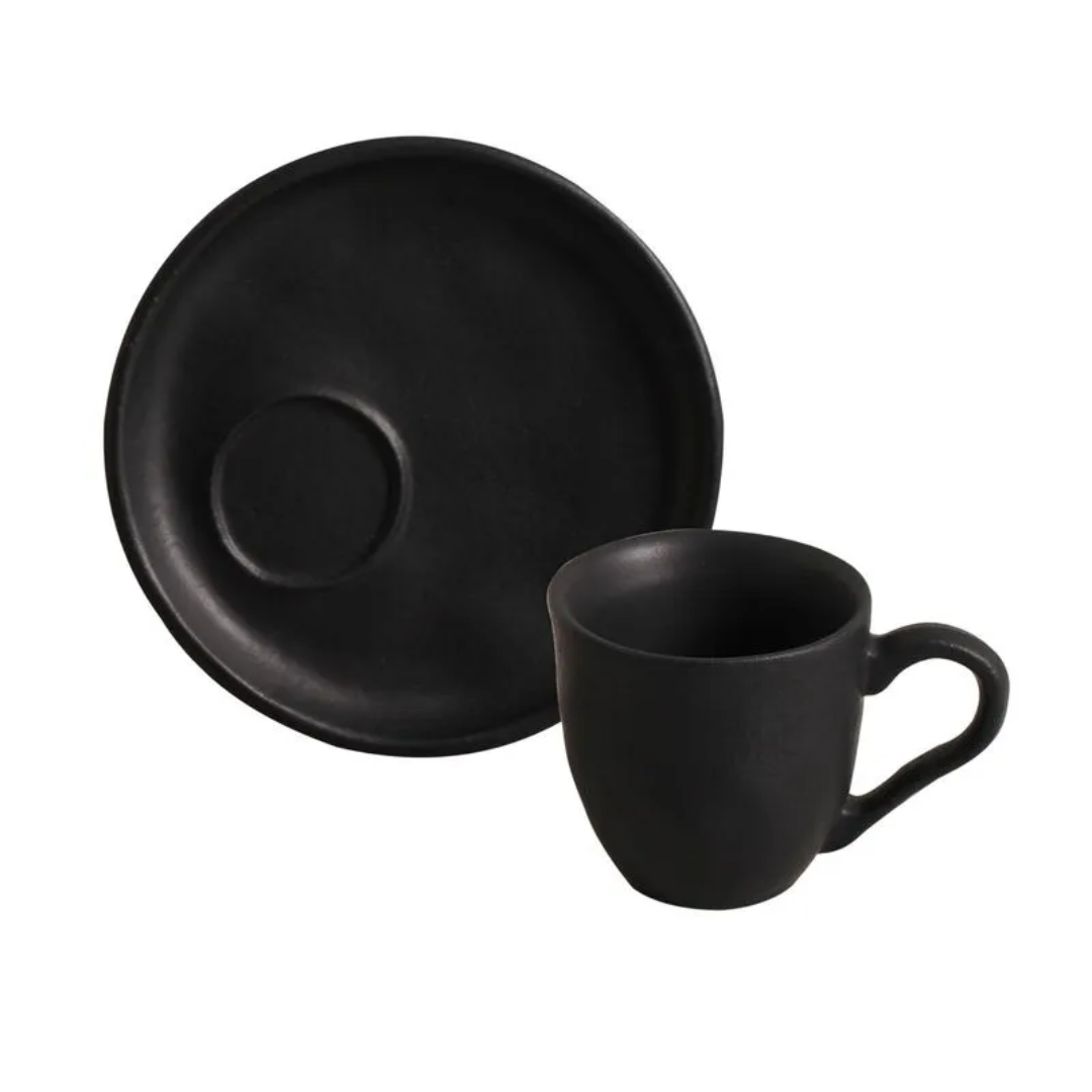 Jogo 6 Xícaras de Café com Pires Bio Preto Matte Descentralizado 70ml