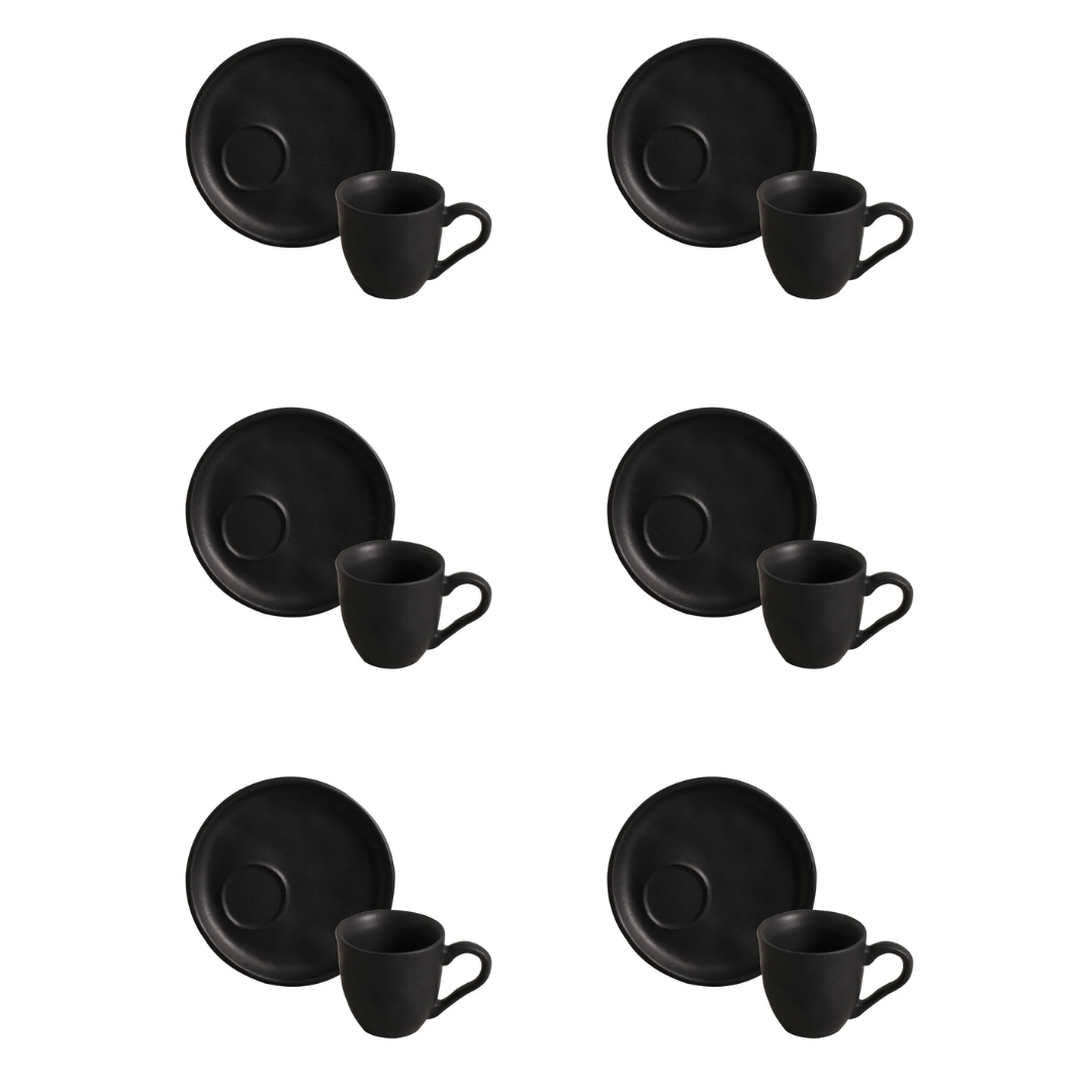 Jogo 6 Xícaras de Café com Pires Bio Preto Matte Descentralizado 70ml