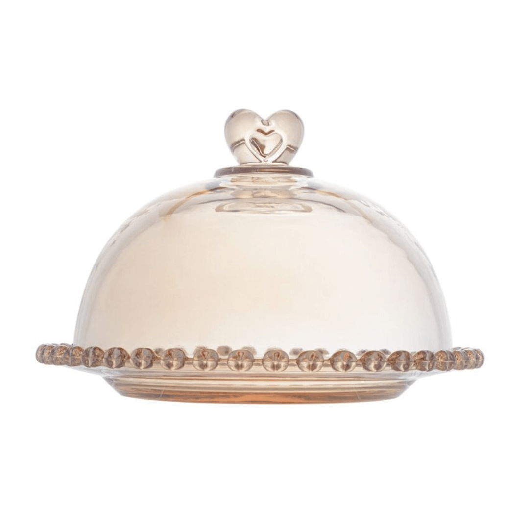 Queijeira com Tampa de Cristal Coração Âmbar Metalizado 19,5cm - Ela Decora
