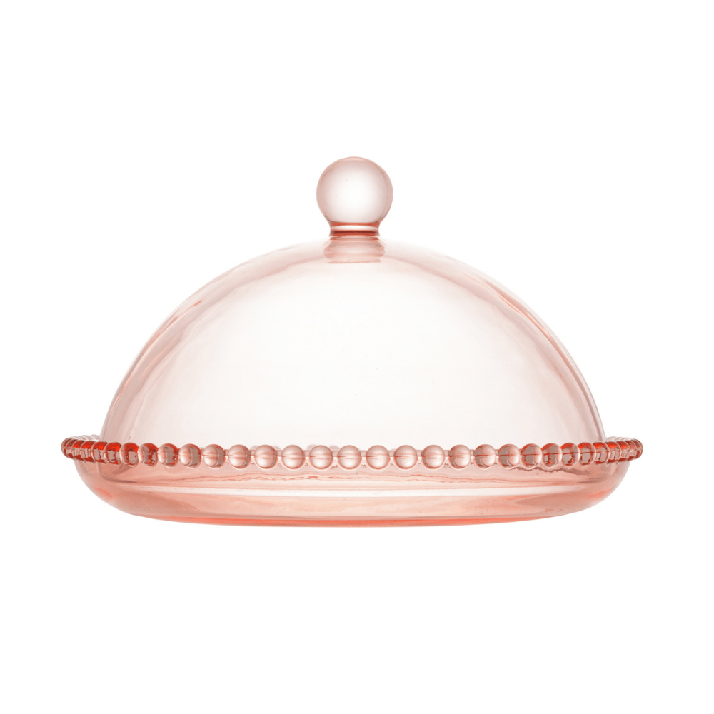 Queijeira de Cristal Pearl Bolinha Rosa - 20 cm - Ela Decora