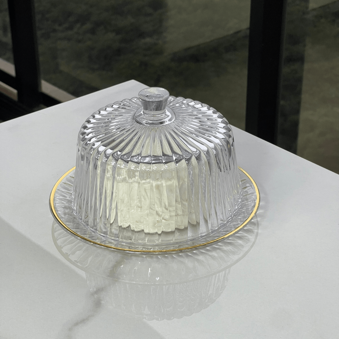 Queijeira Radial em Cristal com Tampa Fio de Ouro 20cm - Ela Decora