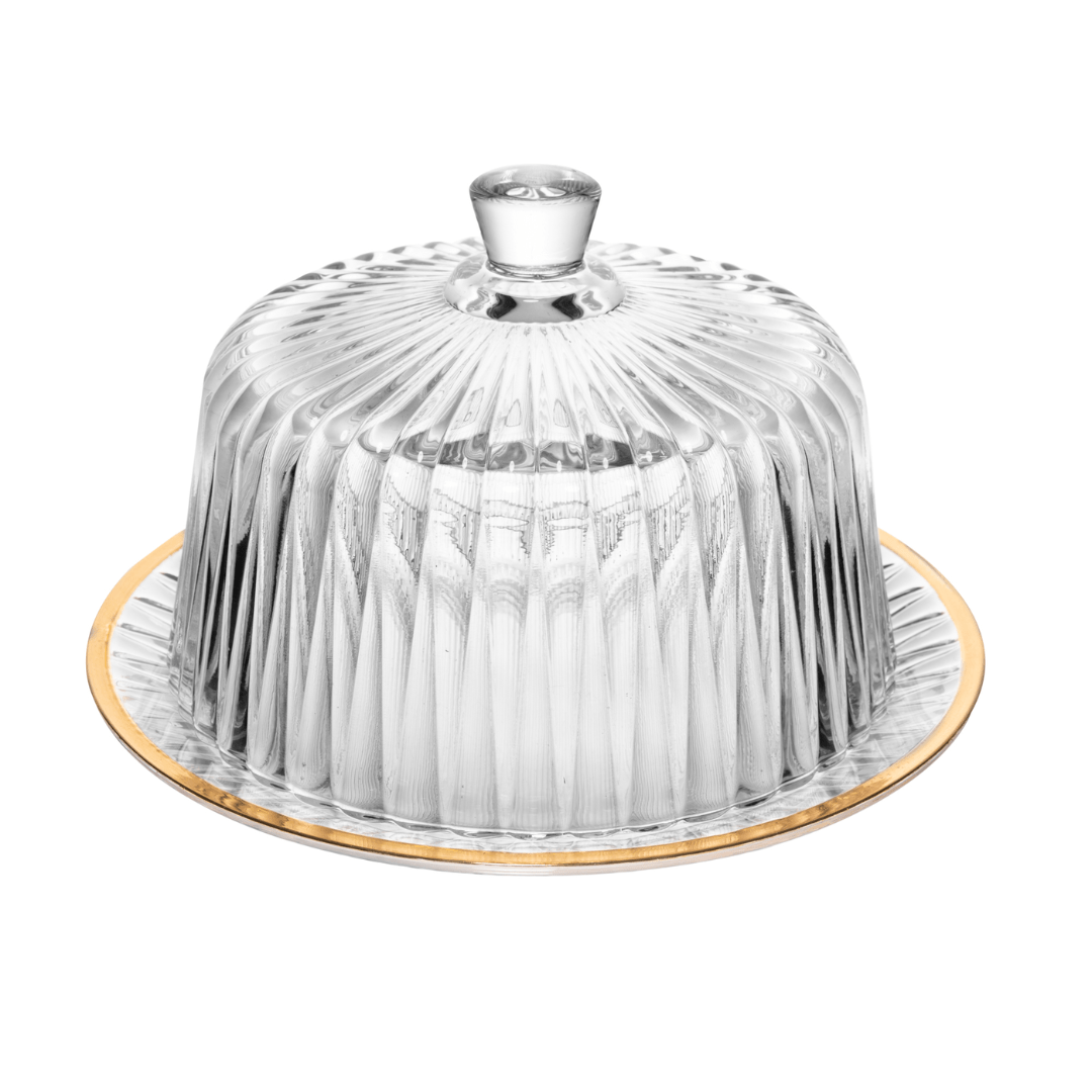 Queijeira Radial em Cristal com Tampa Fio de Ouro 20cm - Ela Decora