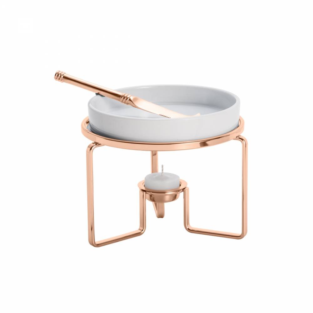 Rechaud De Porcelana Para Queijo Com Faca e Suporte Aço Rose Gold - Ela Decora