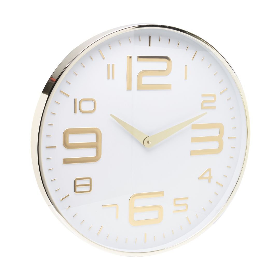 Relógio de Parede Moderno em Plástico Branco e Dourado 25cm - Ela Decora