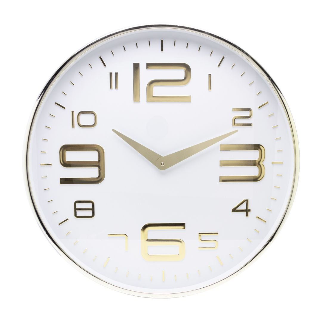 Relógio de Parede Moderno em Plástico Branco e Dourado 25cm - Ela Decora