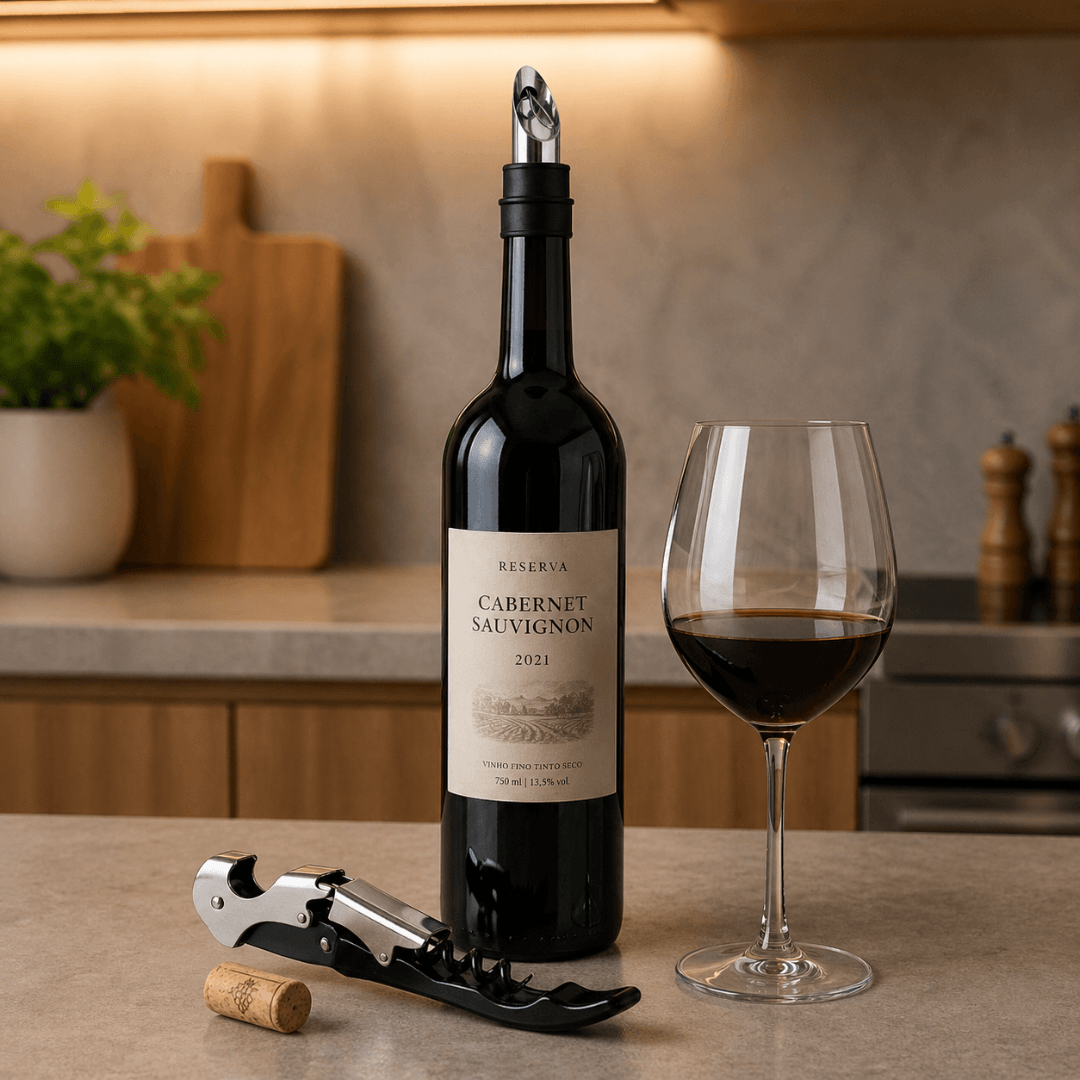 Saca rolhas e bico dosador aço inox com garrafa de vinho tinto e taca em bancada de cozinha