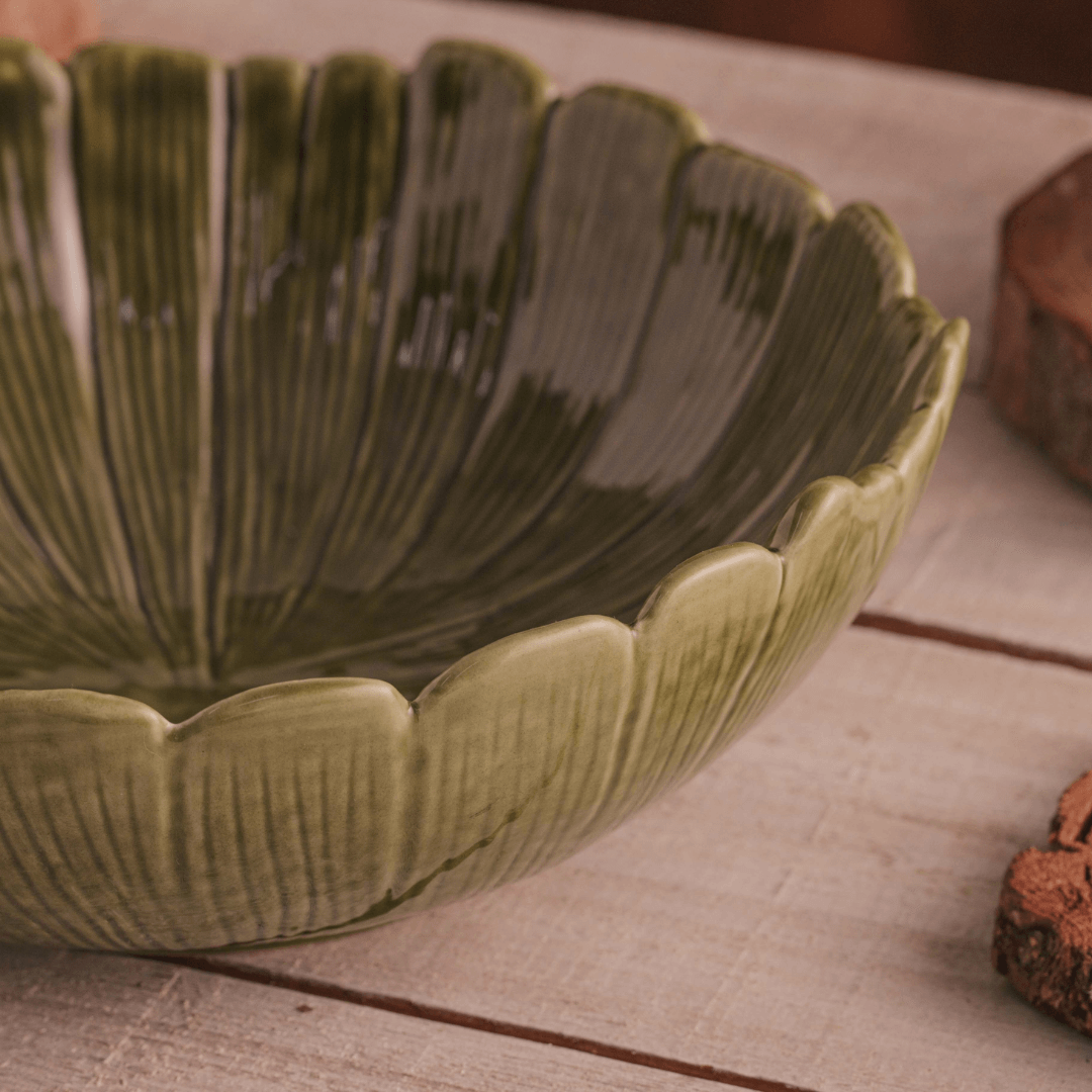 Saladeira Travessa Redonda de Cerâmica Leaf Folha de Banana Verde 25cm