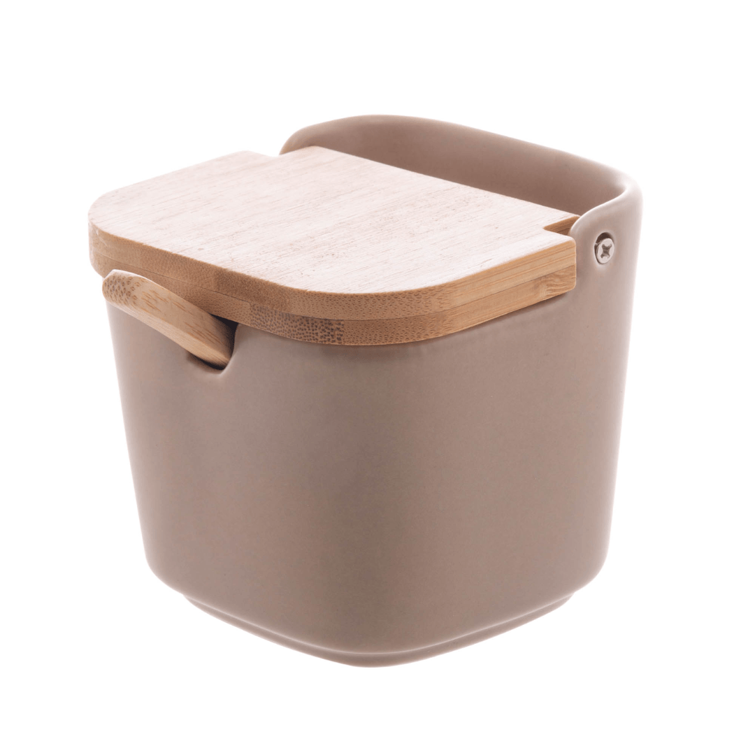 Saleiro de Cerâmica com Tampa e Colher de Bambu Areia 9cm - Ela Decora